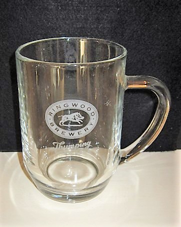beer glass from the Ringwood brewery in England with the inscription 'Ringwood Brewery Thumping good Beer'