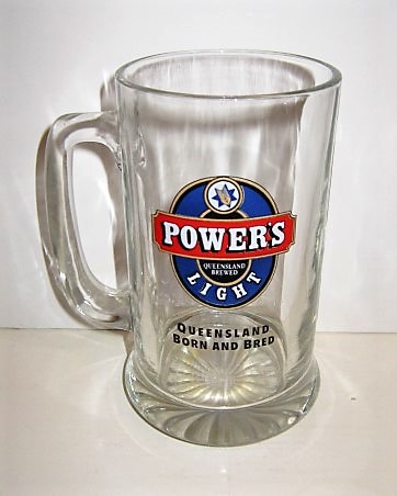 beer glass from the Queensland brewery in Australia with the inscription 'Power's Queensland Brewed Light Quensland Bourn and Bred'