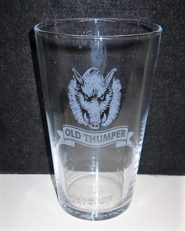 beer glass from the Ringwood brewery in England with the inscription 'Old Thumper Ringwood Brewery'