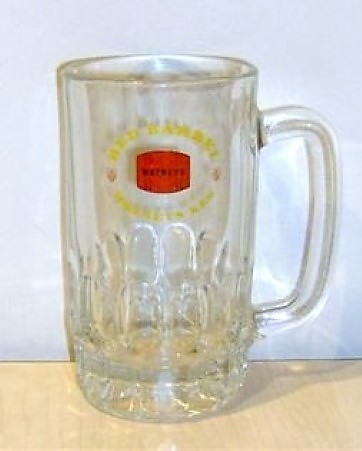 beer glass from the Watney Mann brewery in England with the inscription 'Red Barrel Watneys Keg Watneys'
