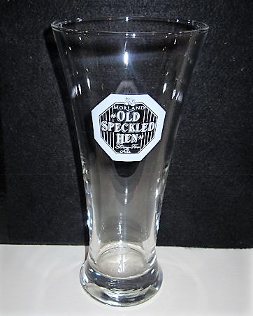 beer glass from the Morland  brewery in England with the inscription 'Morland Old Speckled Hen Strong Fine Ale'
