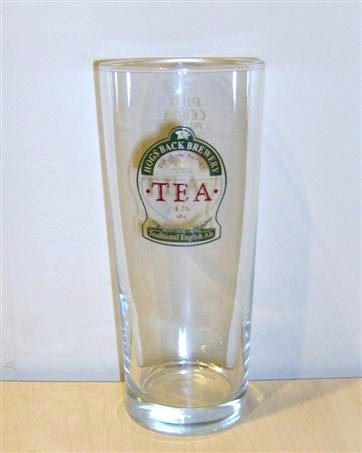 beer glass from the Hogs Back brewery in England with the inscription 'Hogs Back Brewery Tongham Surrey TEA 4.2% abv Traditional Ale'