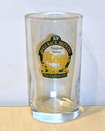 beer glass from the Hogs Back brewery in England with the inscription 'Hogs Back Brewery Tongham Surrey  Hogs Back Fine English Ales'