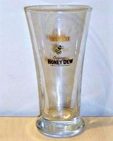beer glass from the Fuller's brewery in England with the inscription 'Fuller's Organic Honey Dew Wonderfully Refreshing Golden Ale'
