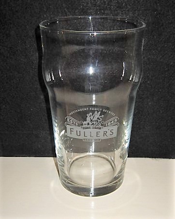 beer glass from the Fuller's brewery in England with the inscription 'Independent Famliy Brewers Estd 1845 Griffin Brewery Fuller's Chiswick'