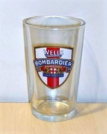 beer glass from the Charles Wells brewery in England with the inscription 'Wells Bombardier English Premium Bitter'