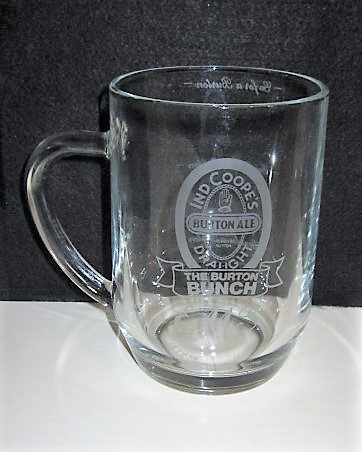 beer glass from the Ind Coope brewery in England with the inscription 'Ind Coope's Burton Ale Draught The Burton Bunch EMS'