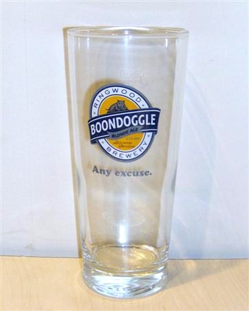 beer glass from the Ringwood brewery in England with the inscription 'Ringwood Brewery Boondoggle Blond Ale Lazey Sunney Afternoons Any Excuse'