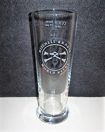 beer glass from the Mitchell Krause brewery in England with the inscription 'Mitchell Krause World Beers'
