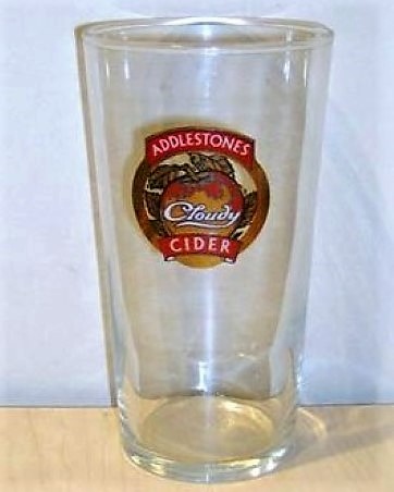 beer glass from the Addlestones brewery in England with the inscription 'Addlestones Cloudy Cider'