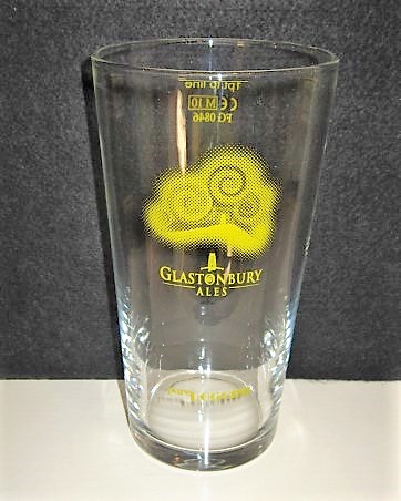 beer glass from the Glastonbury Ales brewery in England with the inscription 'Glastonbury Ales The Legend'