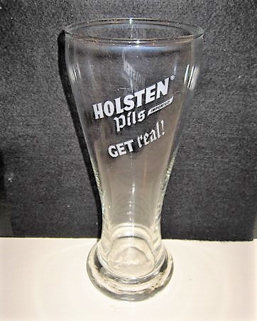 beer glass from the Holsten brewery in Germany with the inscription 'Holsten Pils Imported Get Real'