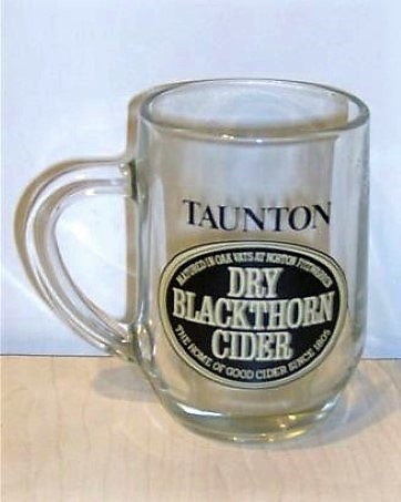 beer glass from the Matthew Clark  brewery in England with the inscription 'Taunton Dry Blackthorn Cider Matured In Oak Vats At Norton Fitzwarren The Home Of Good Cider Since 1805'