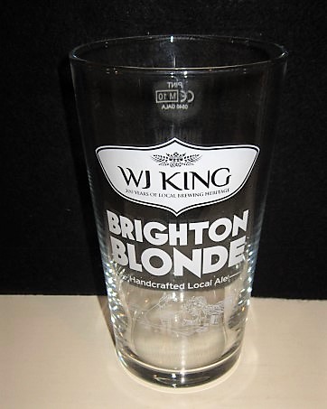 beer glass from the WJ KING  brewery in England with the inscription 'WJ KING 200 Years Of Local Brewing Heritage Brighton Bolnde Handcrafted Local Ale'