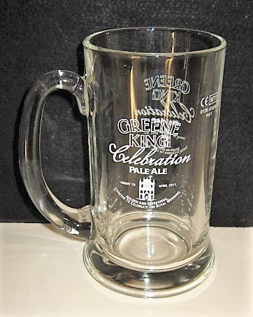 beer glass from the Greene King brewery in England with the inscription 'Greene King Celebration Pale Ale Friday 29 April 2011 Golden And Refressing Crafted To Celebrate The Royal Weding'