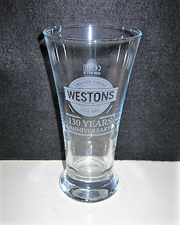 beer glass from the Westons Cider brewery in England with the inscription 'Westons English Ciders ESTD 1880 130Years Anniversary'