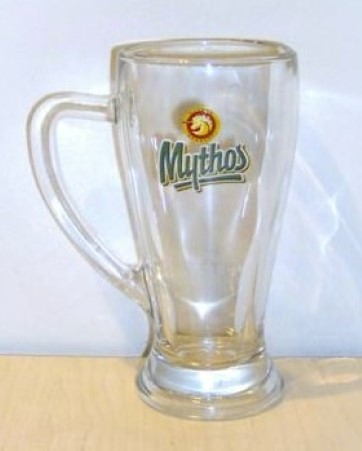 beer glass from the Mythos brewery in Greece with the inscription 'Mythos Mythos Brewery'