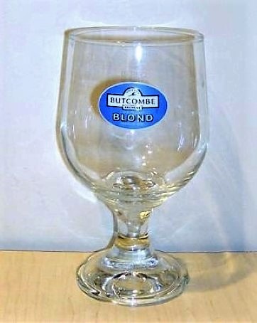 beer glass from the Butcombe brewery in England with the inscription 'Since 1978 Butcombe Brewery  Cold Filtered Blond Premium Beer'