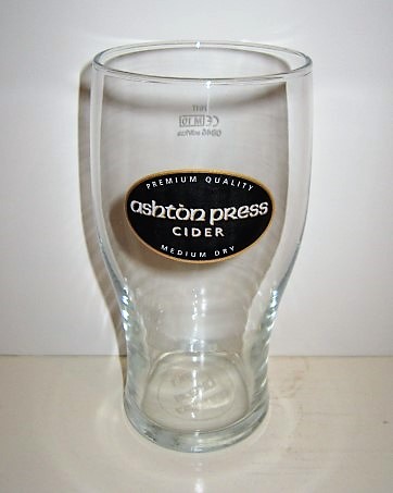 beer glass from the Butcombe brewery in England with the inscription 'Premium Quality Ashton Press Cider Medium Dry'