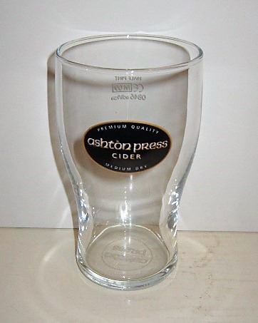 beer glass from the Butcombe brewery in England with the inscription 'Premium Quality Ashton Press Cider Medium Dry'