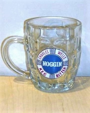 beer glass from the Charles Wells brewery in England with the inscription 'Charles Wells Noggin Keg Bitter '