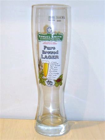 beer glass from the Samuel Smith brewery in England with the inscription 'Samuel Smith Old Brewery Tadcaster Pure Brewed Larger'