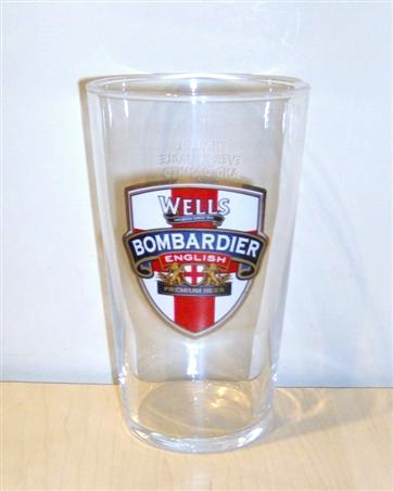 beer glass from the Charles Wells brewery in England with the inscription 'Wells Bombardier English Premium beer'