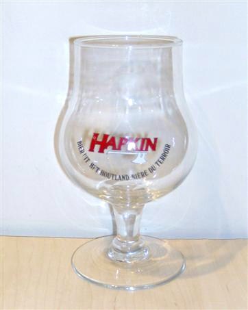 beer glass from the Alken-Maes  brewery in Belgium with the inscription 'Hapkin Bier Uit Het Houtland Biere Du Terror'