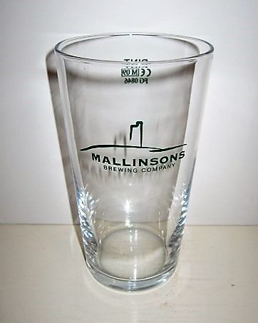 beer glass from the Mallinsons brewery in England with the inscription 'Mallinsons Brewing Company'