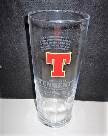 beer glass from the Tennent's brewery in Scotland with the inscription 'T Estd 1885 Tennent's Wellpark Brewery '