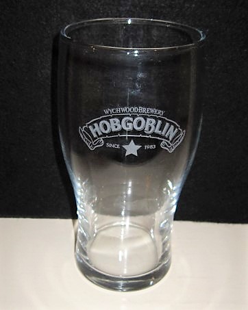 beer glass from the Wychwood  brewery in England with the inscription 'Wychwood Brewery Hobgoblin Since 1983'