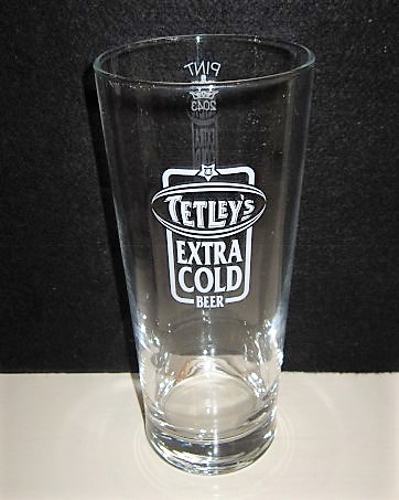 beer glass from the Tetley's brewery in England with the inscription 'Tetley's Extra Cold Beer'