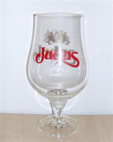 beer glass from the Alken-Maes  brewery in Belgium with the inscription 'Judas'
