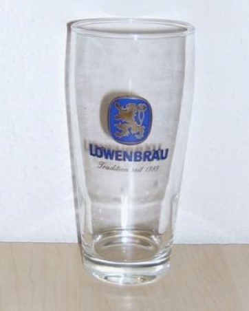 beer glass from the Lowenbrau brewery in Germany with the inscription 'Lowenbrau Tradition Seit 1383'