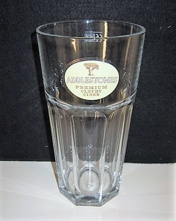 beer glass from the Addlestones brewery in England with the inscription 'Addlestones Premium Cloudy Cider'