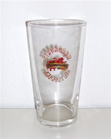 beer glass from the Camerons brewery in England with the inscription 'Strongarm Camerons The Ruby Red'