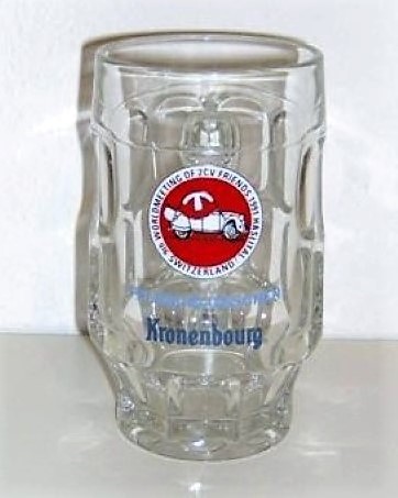 beer glass from the Kronenbourg brewery in France with the inscription '9th World Meeting Of 2CV Friends 1991 Haslital Switzerland Feldschlosschen Kronenbourg'
