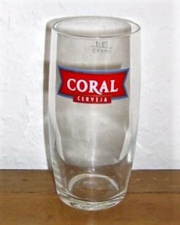 beer glass from the Empresa De Cervejas Da Madeira brewery in Portugal with the inscription 'Coral Cerveja'