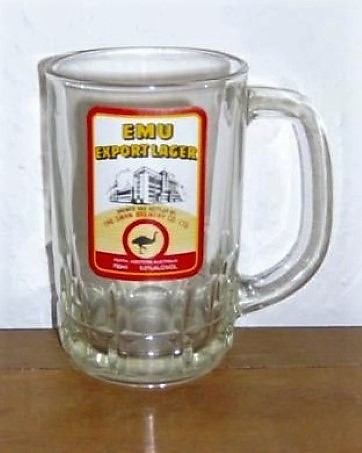 beer glass from the Swan brewery in Australia with the inscription 'Emu Export Lager Brewed And Bottled By The Swan Brewery Co LTD Perth Western Australia 750ml 5.0% ALC VOL '