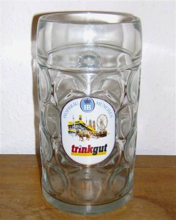 beer glass from the HB Munchen brewery in Germany with the inscription 'Hofbrau HB Munchen Trinkgut'