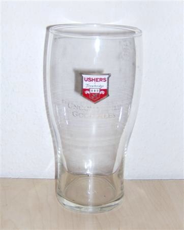beer glass from the Ushers brewery in England with the inscription 'Ushers Trowbridge Uncommonly Good Ale'