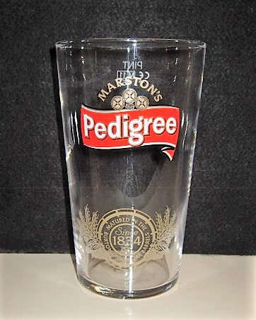 beer glass from the Marston's brewery in England with the inscription 'Marston's Pedigree Matured In The Burton Union Oak Barrels Since 1834'