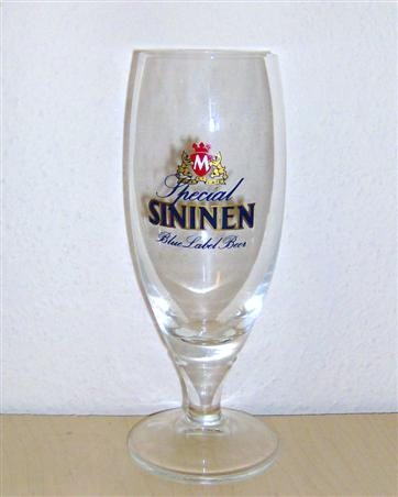 beer glass from the Sininen brewery in Finland with the inscription 'Special Sininen Blue Lable Beer'