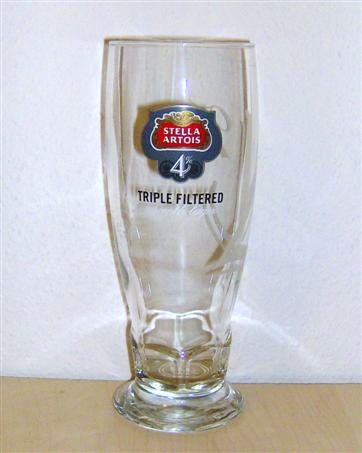 beer glass from the Stella Artois brewery in Belgium with the inscription 'Stella Artois 4% Triple Filtered Smooth Lager '