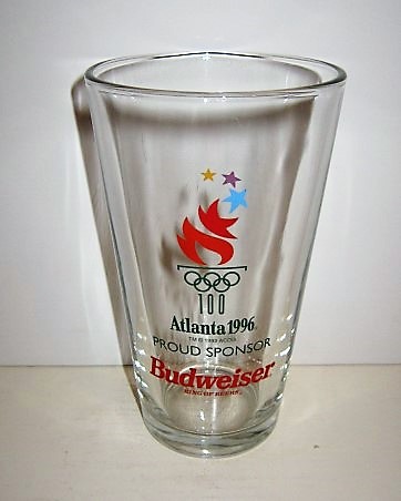 beer glass from the Anheuser Busch brewery in U.S.A. with the inscription 'Atlanta 1996 Proud Sponsor Budweiser King Of Beers'