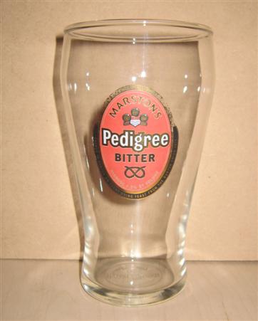 beer glass from the Marston's brewery in England with the inscription 'Marston's Pedigree Bitter Alcohol 4.5% By Volume Brewed In Burton On Trent Using Yeast From The Burton Union Sets'
