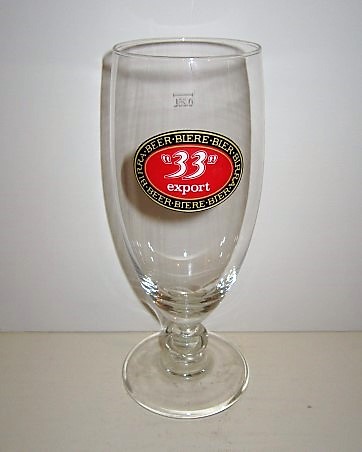 beer glass from the Pelican-Pelforth brewery in France with the inscription 'Biere Bler Birra Beer 33 Export'