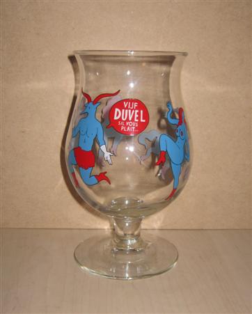 beer glass from the Duvel Moortgat brewery in Belgium with the inscription 'Vijf Duvel Sil Vous Plait'