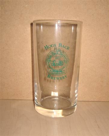 beer glass from the Hogs Back brewery in England with the inscription 'Hogs Back Brewery. Hogs Back Brewery Tongham Surrey  Hogs Back Fine English Ales'