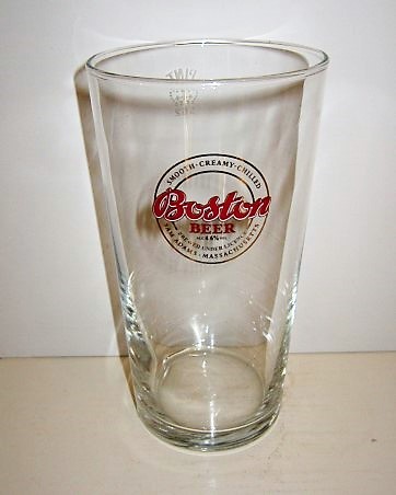 beer glass from the Boston Beer Co brewery in U.S.A. with the inscription 'Smooth Creamy Chilled - Boston Beer Alc 4.6% Vol - Brewed Under Licence - Sam Adams Massachusetts.'